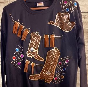 Women's Western Fringe Mixed Media Top Size XL OOAK Long Sleeve Jersey